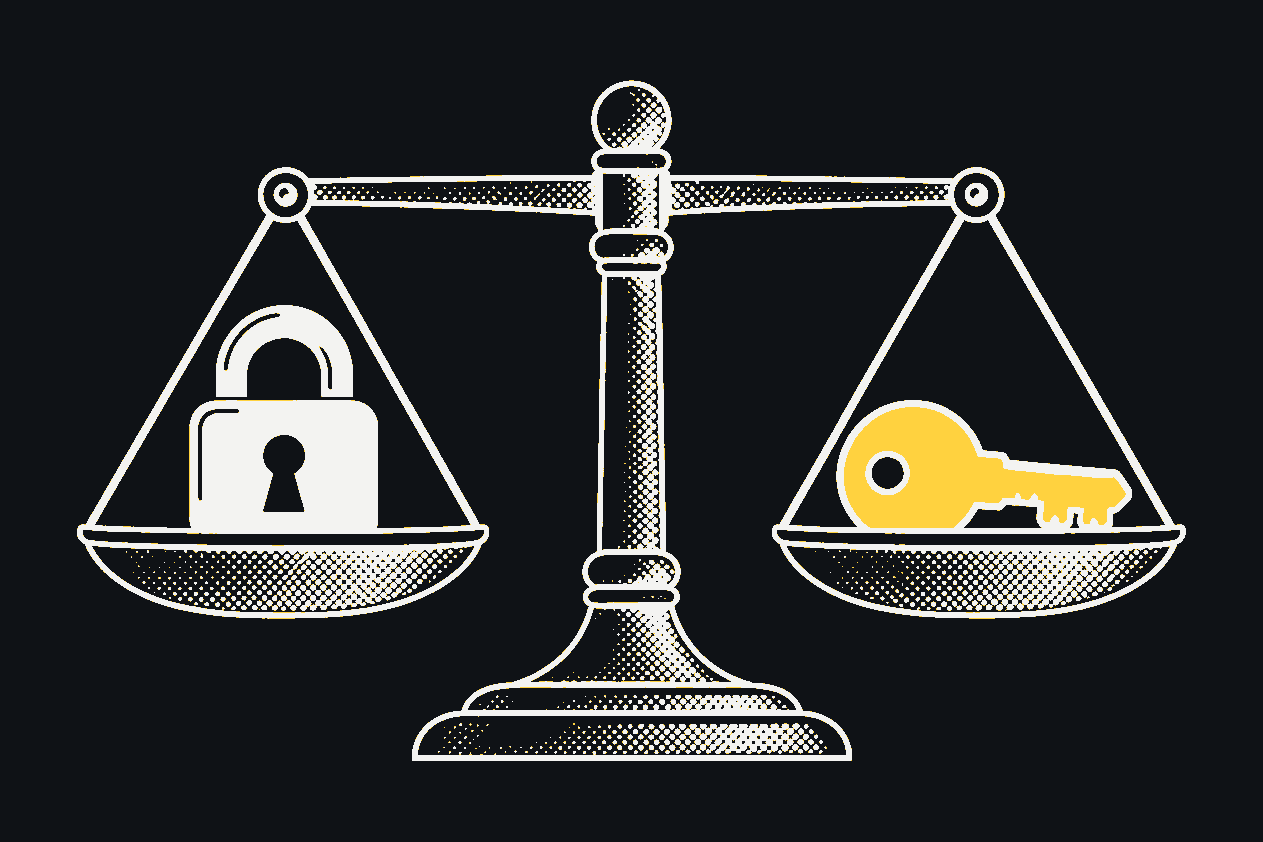 A balance scale, perfectly level: a padlock on one pan, a key on the other.