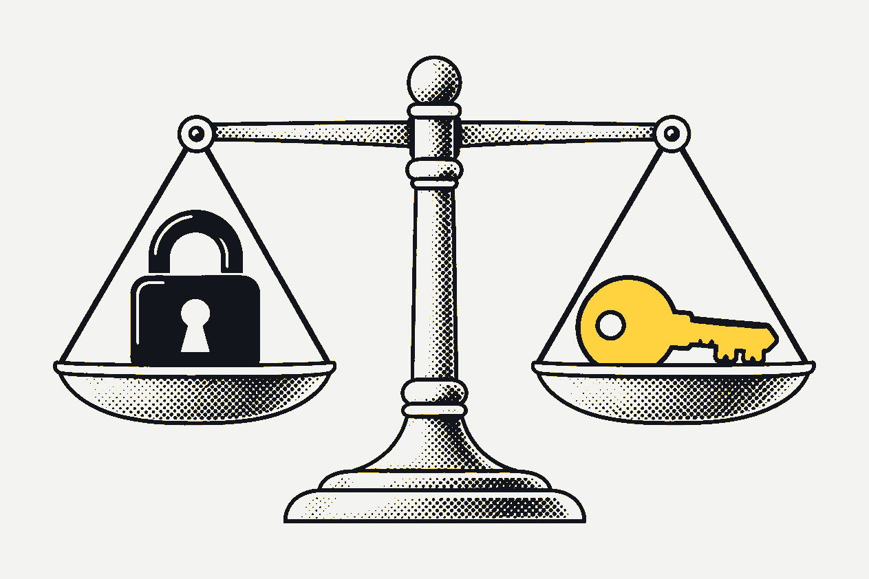 A balance scale, perfectly level: a padlock on one pan, a key on the other.