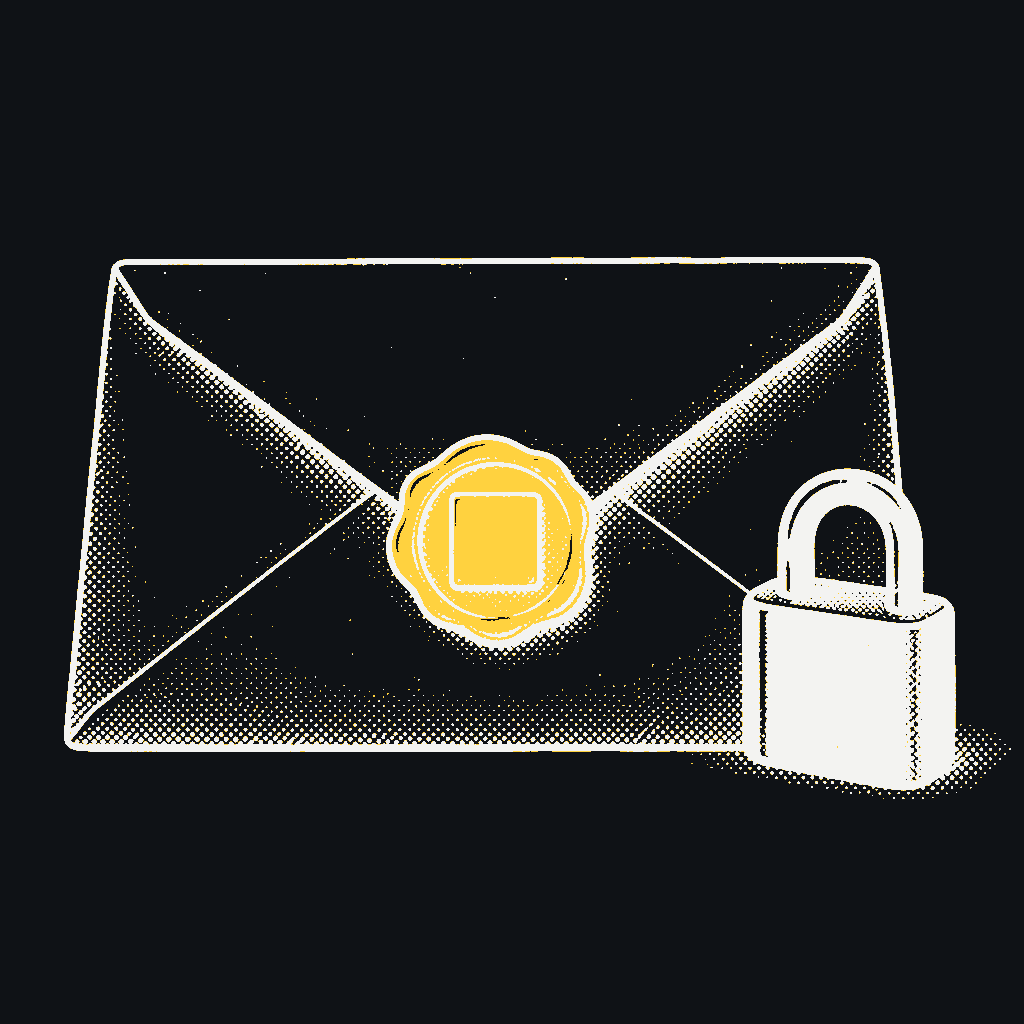A closed envelope with a yellow wax seal, and a padlock beside it.