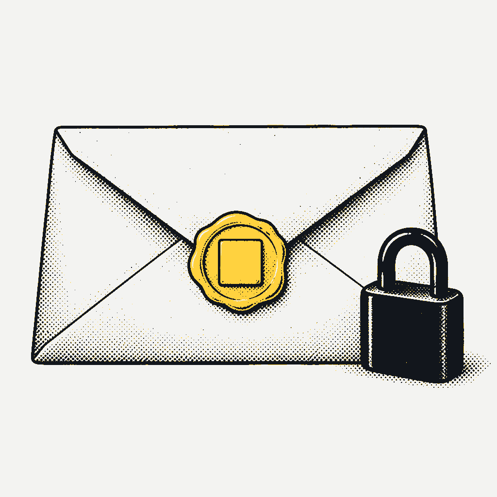 A closed envelope with a yellow wax seal, and a padlock beside it.