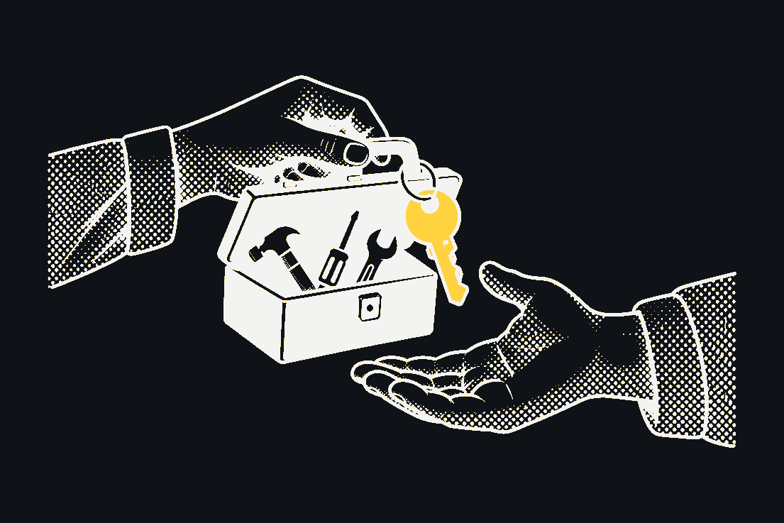 A hand passing a set of tools across to another hand.