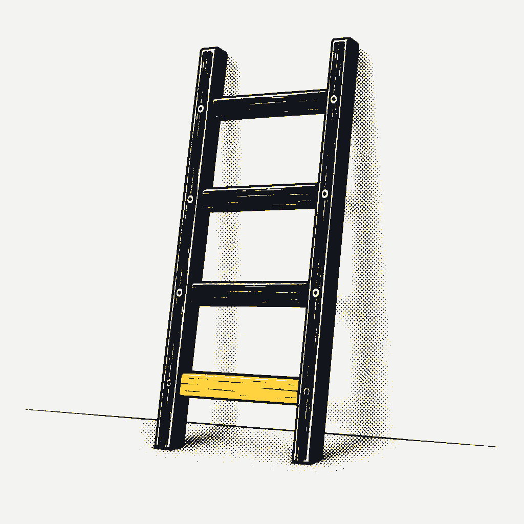 A ladder with four rungs. The first rung is yellow.