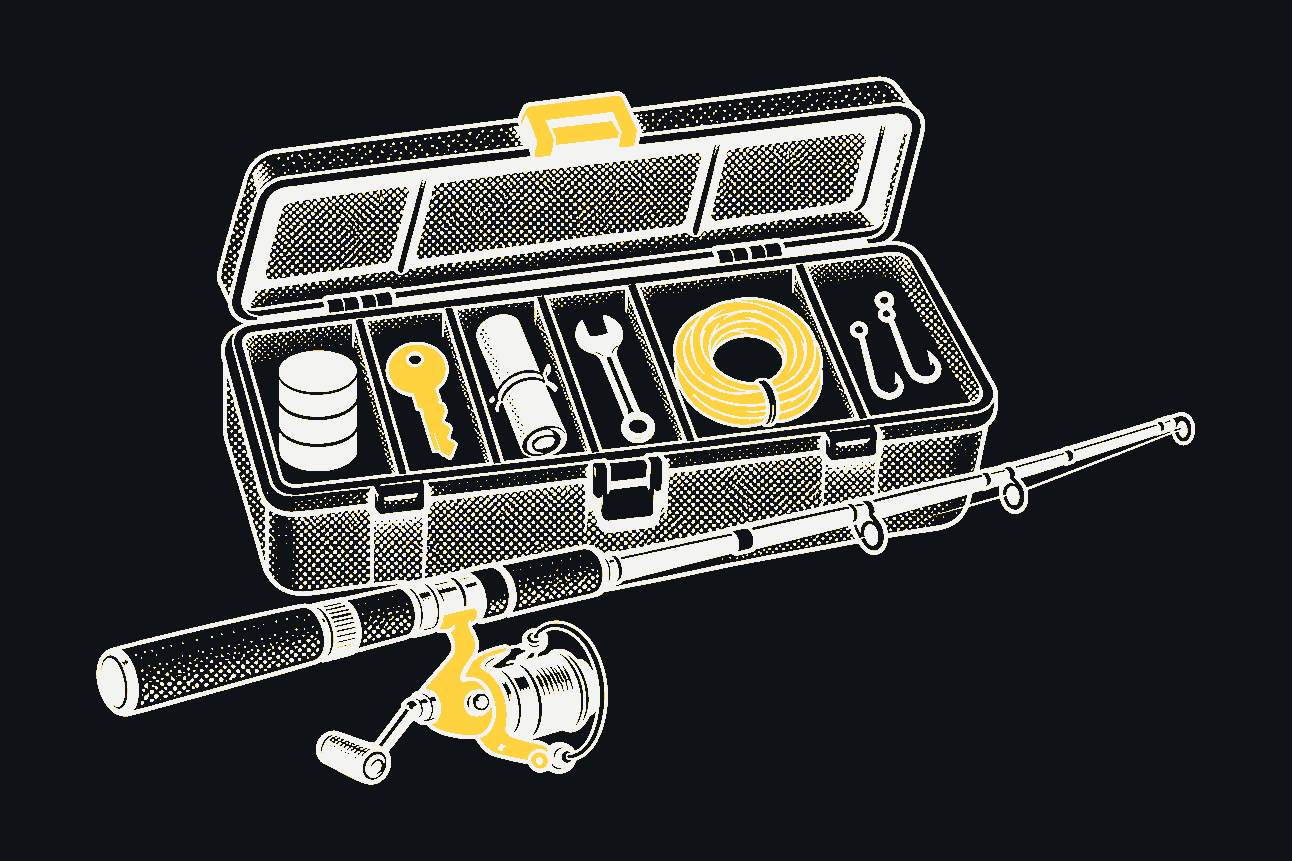 An open tackle box with a rod and reel: inside, a database, a key, a scroll, a wrench, a coil of line and two hooks.